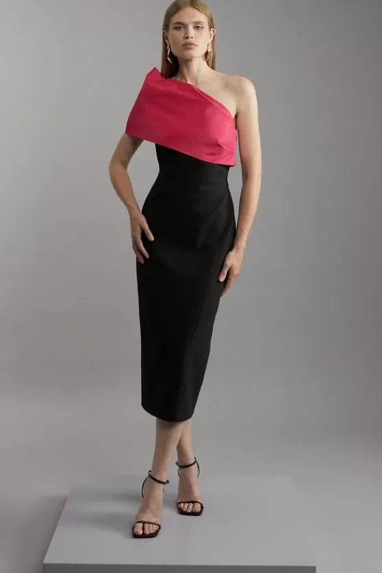Sale Karen Millen Tall Clean Tailored Taffeta One Shoulder Panel Midi Dress black