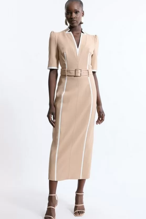 Discount Karen Millen Tall Compact Stretch Contrast Tipped Forever Belted Tailored Midi Dress camel