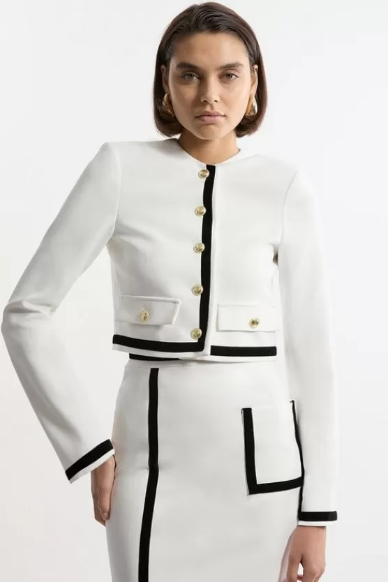 Sale Karen Millen Tall Compact Stretch Tipped Velvet Contrast Collarless Tailored Jacket mono
