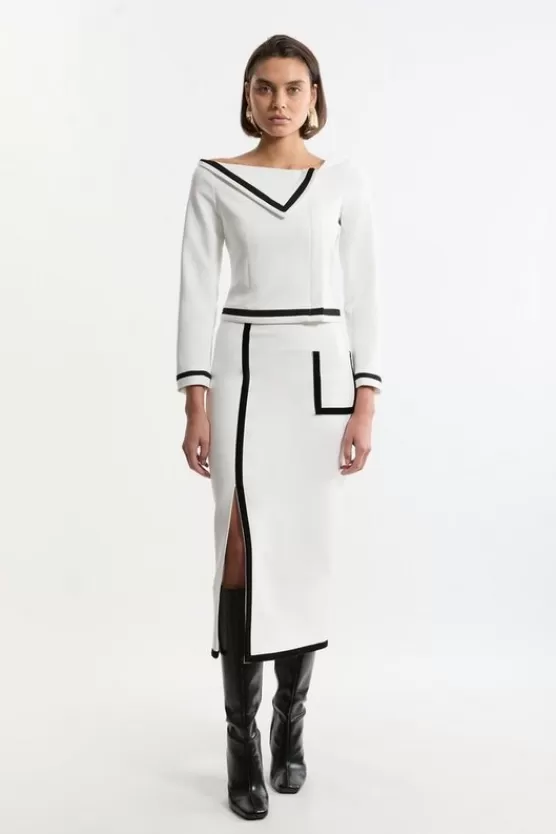 Cheap Karen Millen Tall Compact Stretch Tipped Velvet Contrast Tailored Pencil Skirt mono