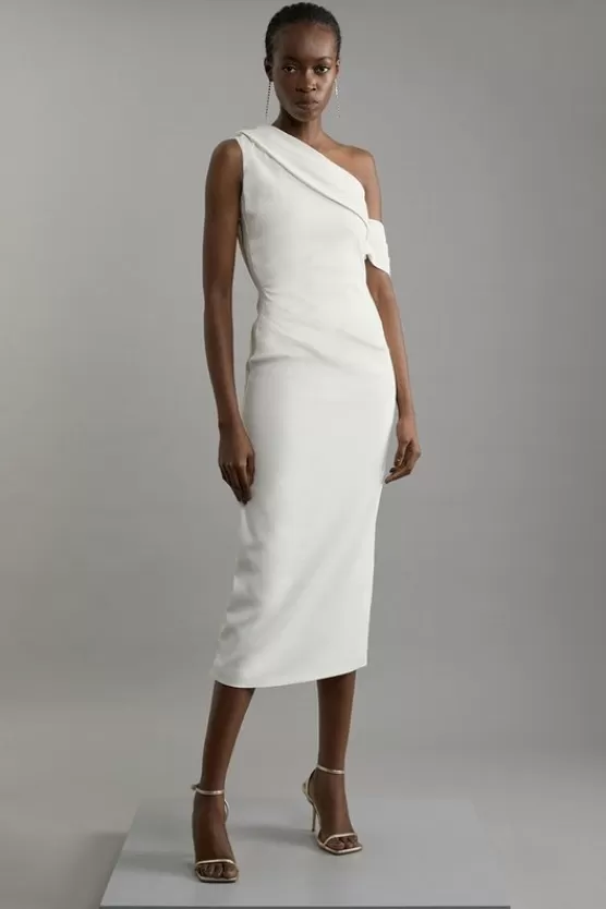 Hot Karen Millen Tall Compact Stretch Viscose Asymmetric Tailored Pencil Midi Dress ivory