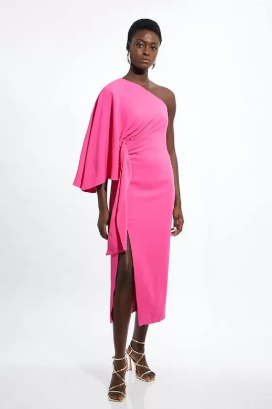 Cheap Karen Millen Tall Compact Stretch Viscose Drape Sleeve One Shoulder Tailored Maxi Dress brightpink