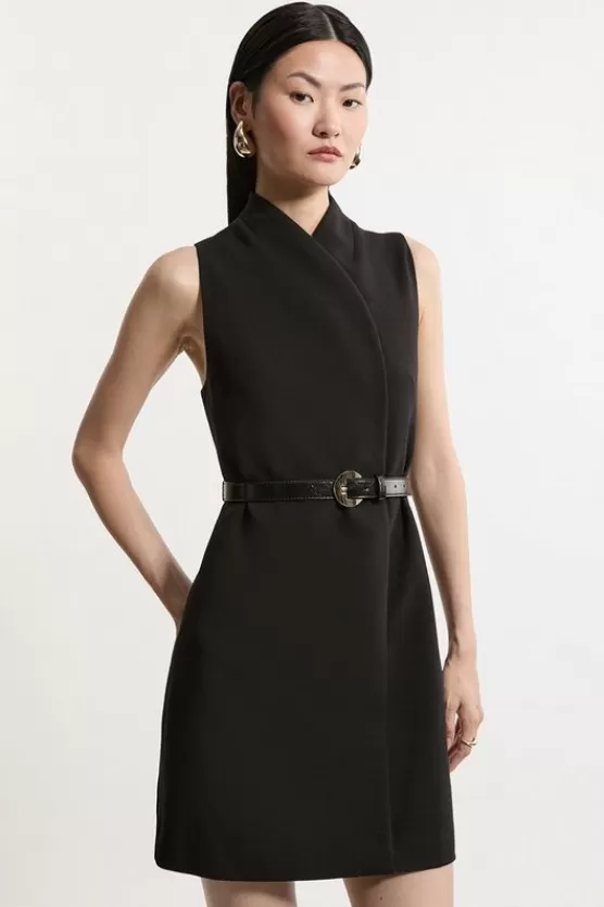 Best Karen Millen Tall Compact Stretch Wrap Neck Full Skirt Tailored Mini Dress black