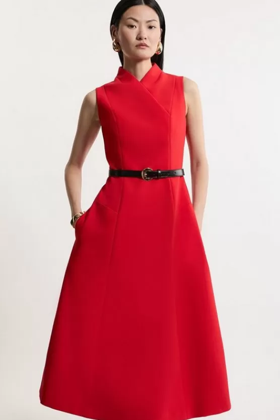 Cheap Karen Millen Tall Compact Stretch Wrap Neck Tailo Midi Dress red