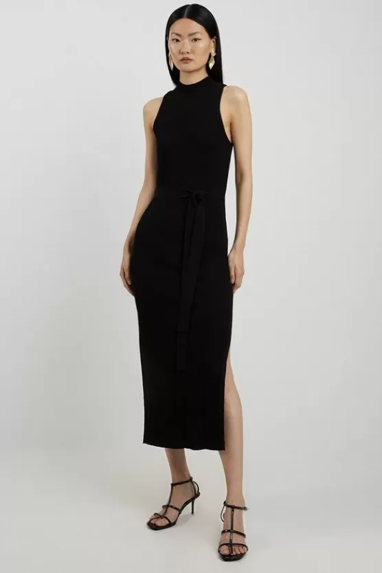 Discount Karen Millen Tall Cotton Blend Belted Knit Racer Midi Dress black