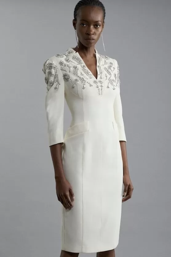 Store Karen Millen Tall Crystal Embellished Compact Stretch Belted Tailored Forever Dress cream