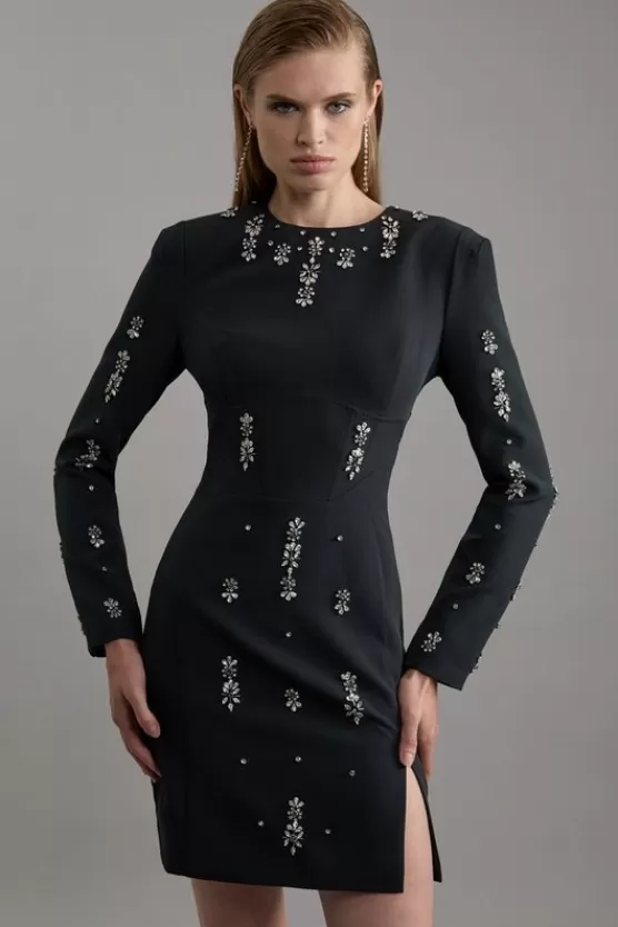 Store Karen Millen Tall Crystal Embellished Corset Detail Woven Mini Dress black