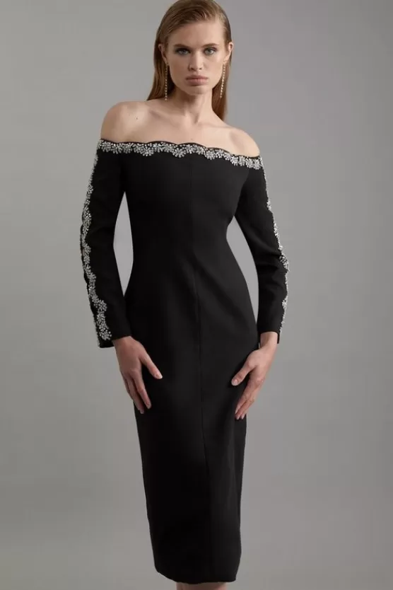 Sale Karen Millen Tall Crystal Embellished Scalloped Off The Shoulder Tailored Midaxi Dress black