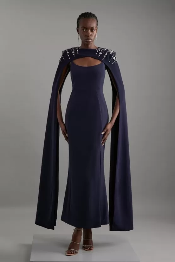 Flash Sale Karen Millen Tall Crystal Embellished Viscose Crepe Woven Maxi Dress With Detachable Cape navy