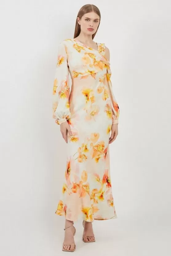 Sale Karen Millen Tall Delicate Floral Satin Cold Shoulder Draped Midi Dress blush