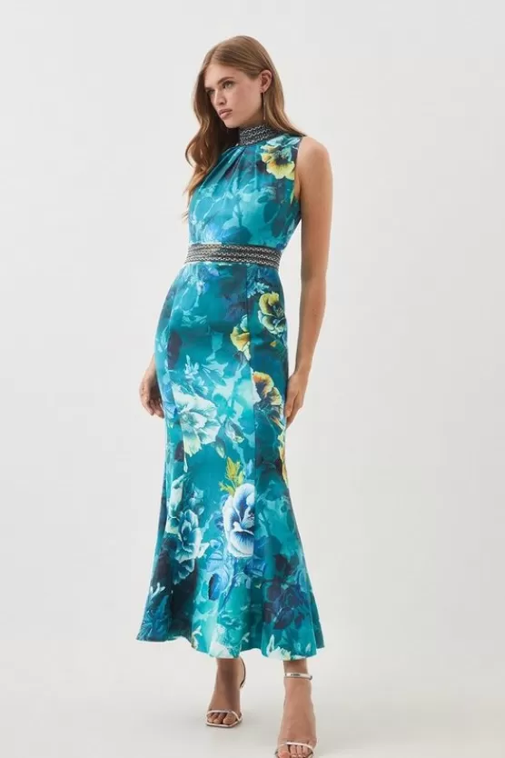 Outlet Karen Millen Tall Diamante Trim Floral Woven Maxi Dress blue