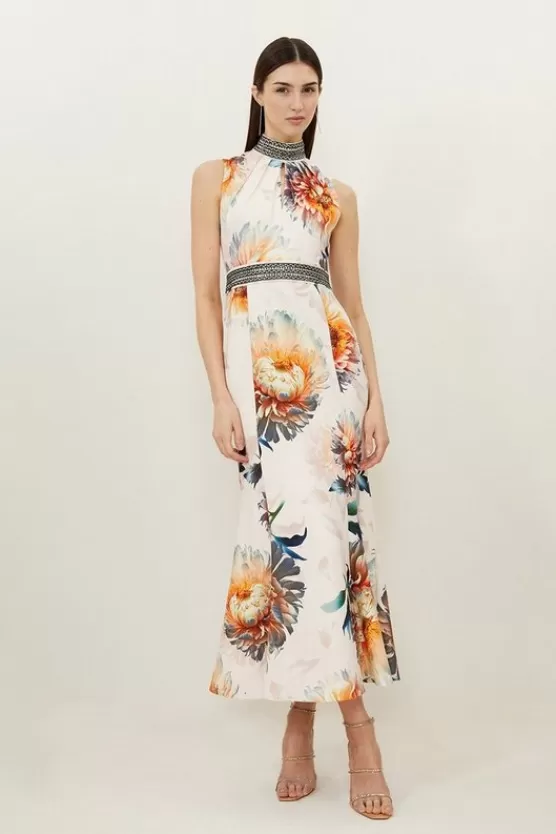 New Karen Millen Tall Diamante Trim Rose Woven Sleeveless Maxi Dress floral