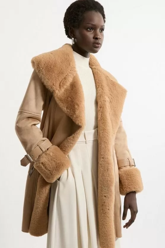 Store Karen Millen Tall Faux Shearling Collar & Cuff Belted Short Coat camel