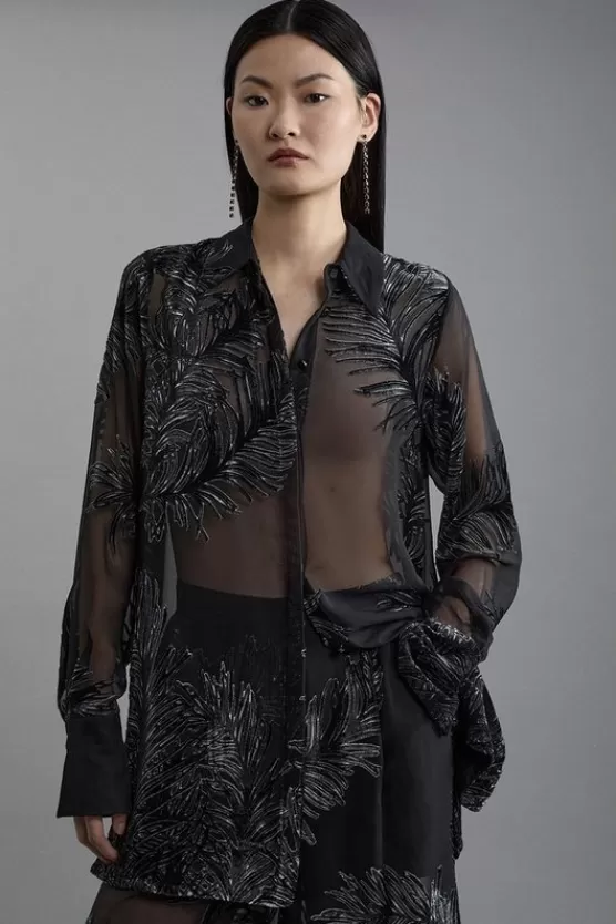 Clearance Karen Millen Tall Feather Devore Woven Shirt black