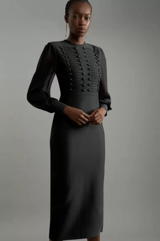 Cheap Karen Millen Tall Figure Form Bandage Knit Chiffon Sleeve Military Trim Midaxi Dress black