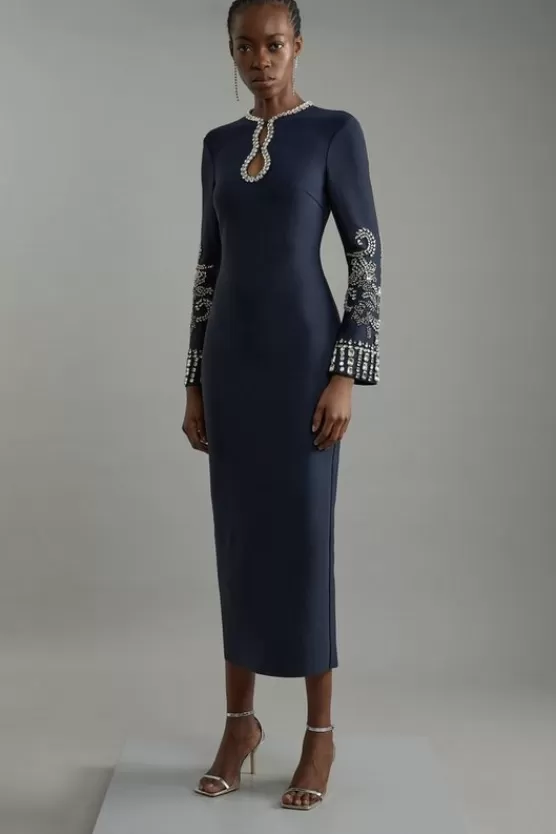 Flash Sale Karen Millen Tall Figure Form Bandage Knit Embellished Wide Sleeve Midaxi Dress navy