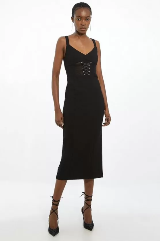 Store Karen Millen Tall Figure Form Corset Detail Woven Strappy Midi Dress black