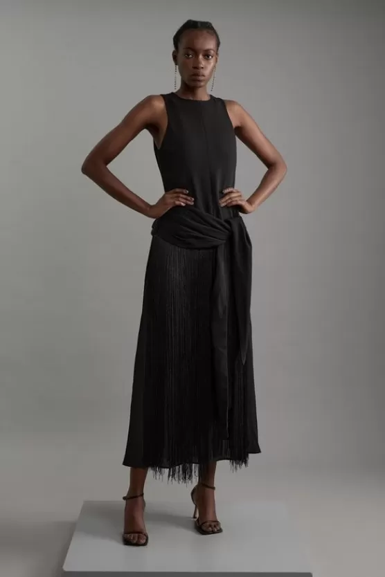 New Karen Millen Tall Fringe Tassle Halter Neck Tailored Maxi Dress black