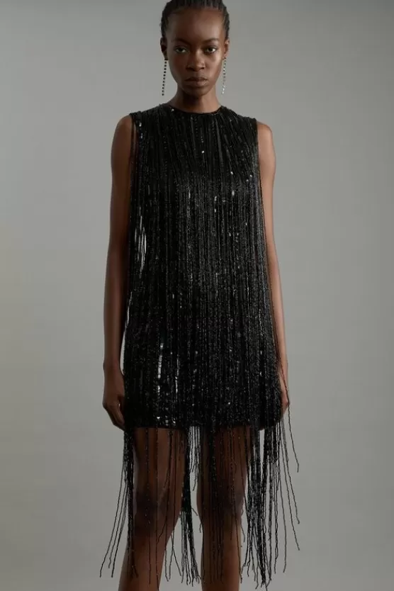 Sale Karen Millen Tall Fringe Woven Sleeveless Midi Dress black