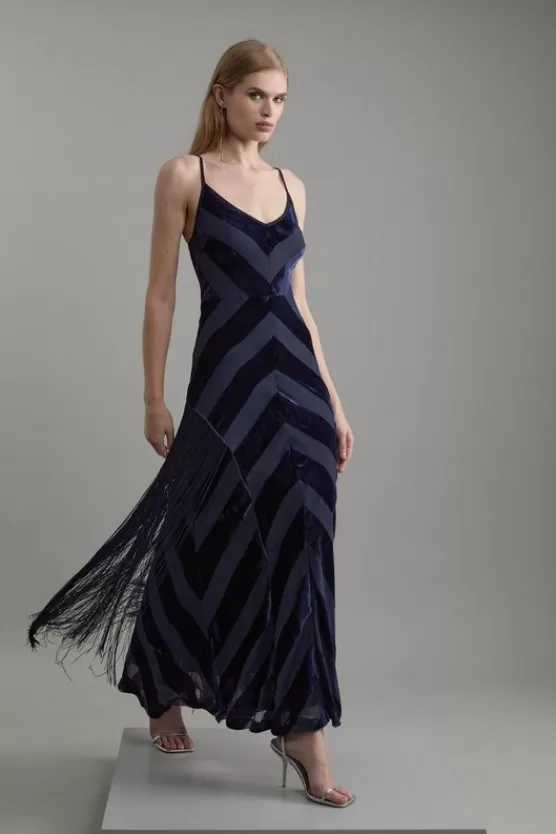 Shop Karen Millen Tall Fringed Velvet Devore Woven Maxi Dress navy