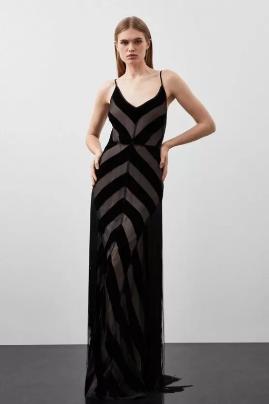 Sale Karen Millen Tall Fringed Velvet Devore Woven Maxi Dress black