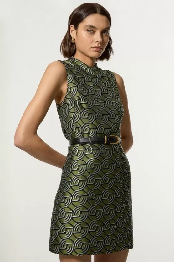 New Karen Millen Tall Geo Jacquard Twill Tailored Belted Mini Dress green