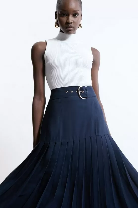 Best Karen Millen Tall Georgette Asymmetric Pleat Woven Midi Skirt navy