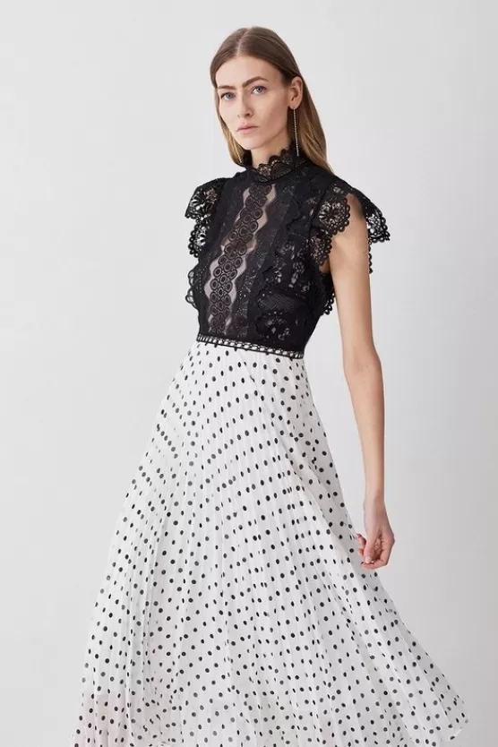 Discount Karen Millen Tall Guipure Lace Dot Pleated Skirt Midi Dress mono