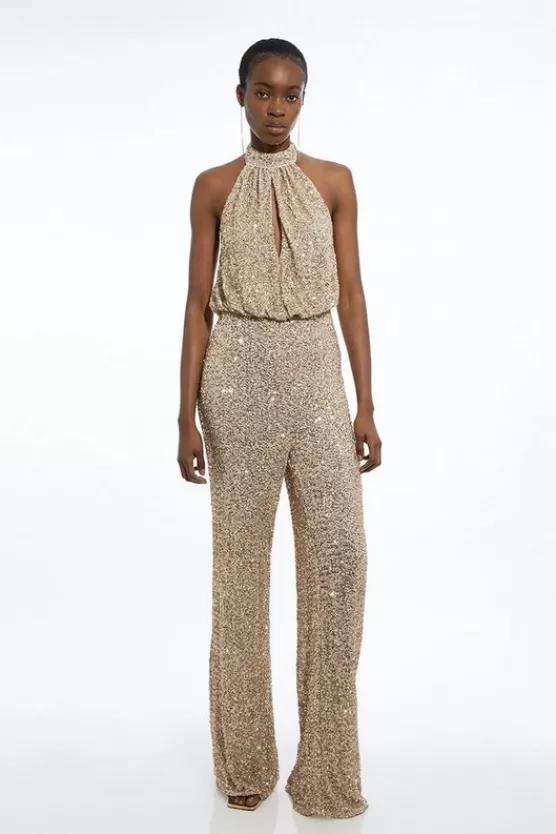 Discount Karen Millen Tall Halter Jersey Stretch Sequin Wide Leg Jumpsuit gold