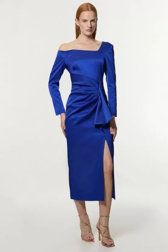 Best Karen Millen Tall Italian Structured Rib Asymmetric Neckline Draped Tailored Midi Dress blue