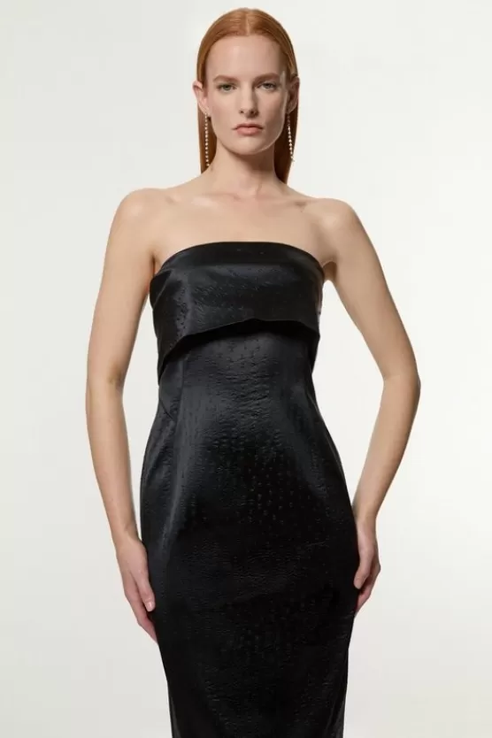 Best Karen Millen Tall Italian Structured Textured Satin Bandeau Tailored Midi Dress black