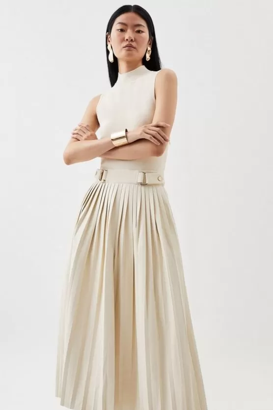 Outlet Karen Millen Tall Knitted Midi Dress With Pu Detailing cream