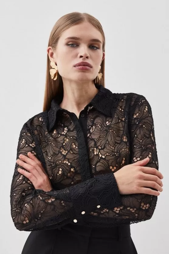 Discount Karen Millen Tall Lace Button Down Woven Shirt black