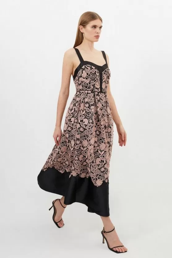 New Karen Millen Tall Lace Prom Woven Midi Dress black