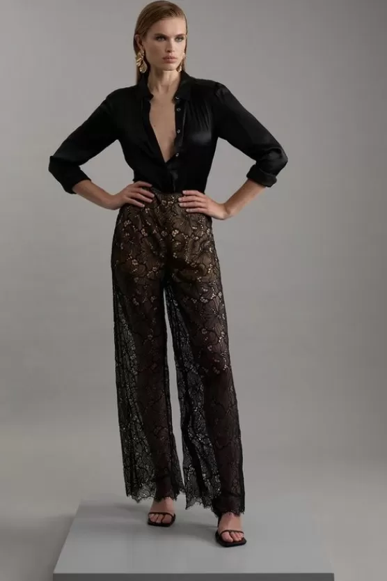 Clearance Karen Millen Tall Lace Woven Wide Leg Pants black