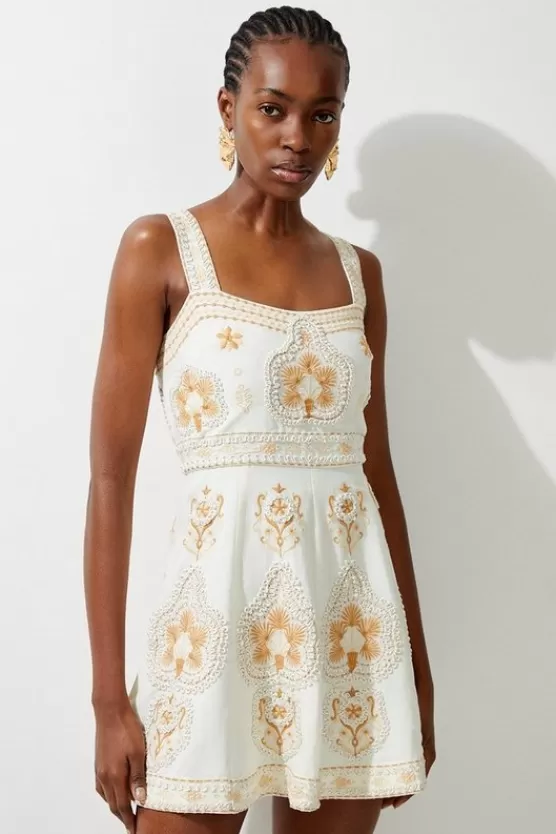 Discount Karen Millen Tall Linen Embroidered Strappy Woven Mini Dress ivory