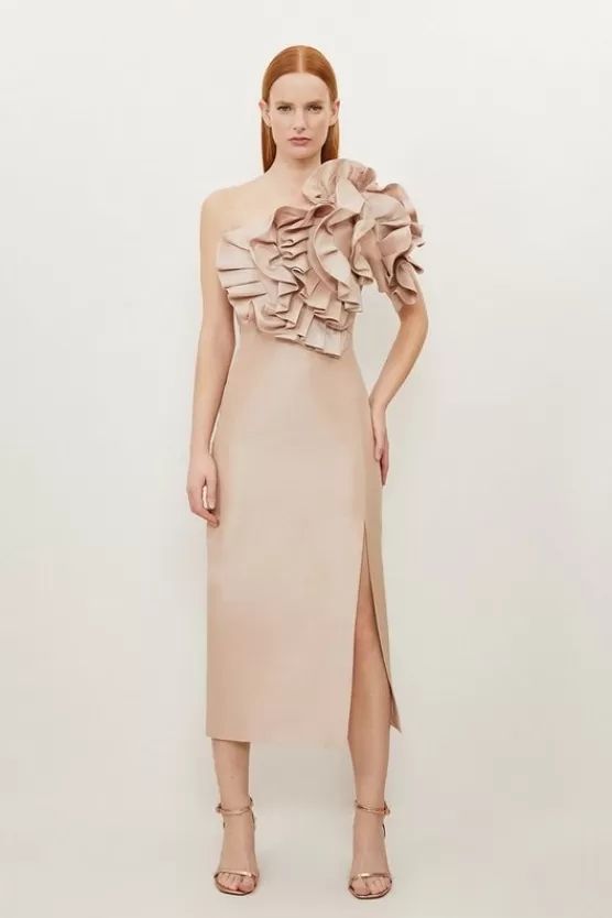 Clearance Karen Millen Tall Metallic Taffeta Rosette Midi Off The Shoulder Dress champagne