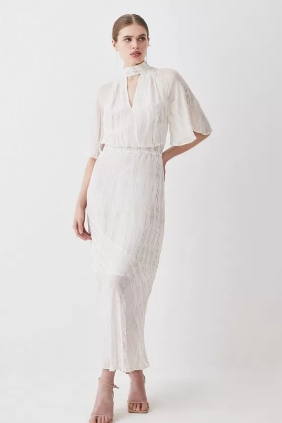 Sale Karen Millen Tall Metallic Viscose Georgette Angel Sleeve Woven Midi Dress ivory