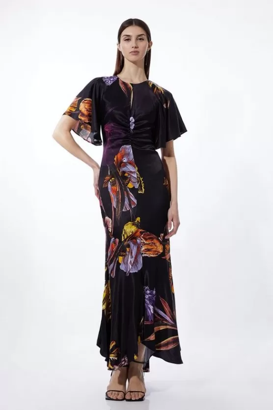 New Karen Millen Tall Midnight Floral Satin Crepe Woven Angel Sleeve Maxi black