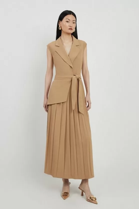 Clearance Karen Millen Tall Military Pleat Sleeveless Midi Dress camel