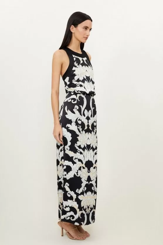 Discount Karen Millen Tall Mirrored Baroque Viscose Halter Midi Dress black