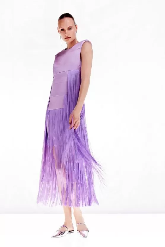 Outlet Karen Millen Tall Ooto Heavy Satin Fringed Woven Sleeveless Mini Dress lilac