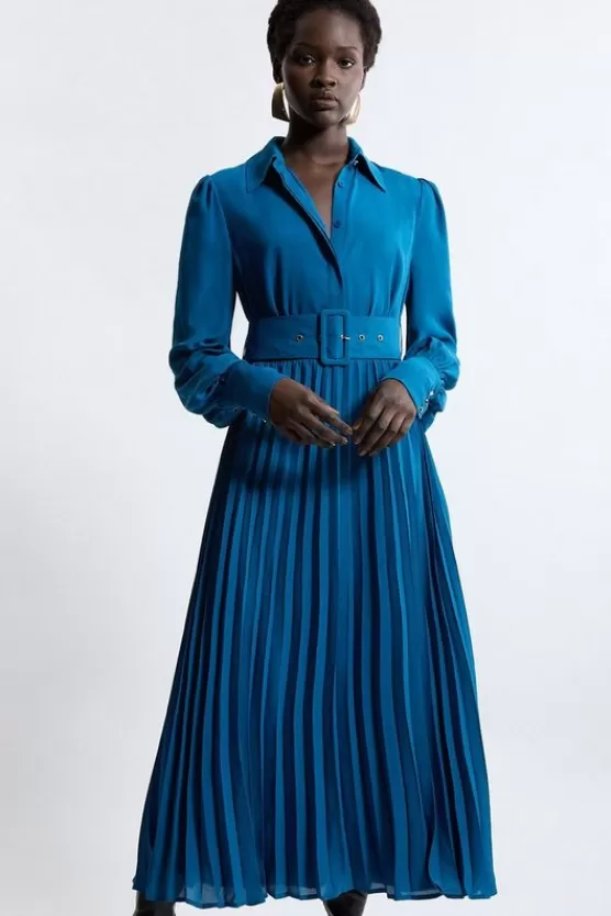 Clearance Karen Millen Tall Pleated Woven Maxi Shirt Dress With Belt teal