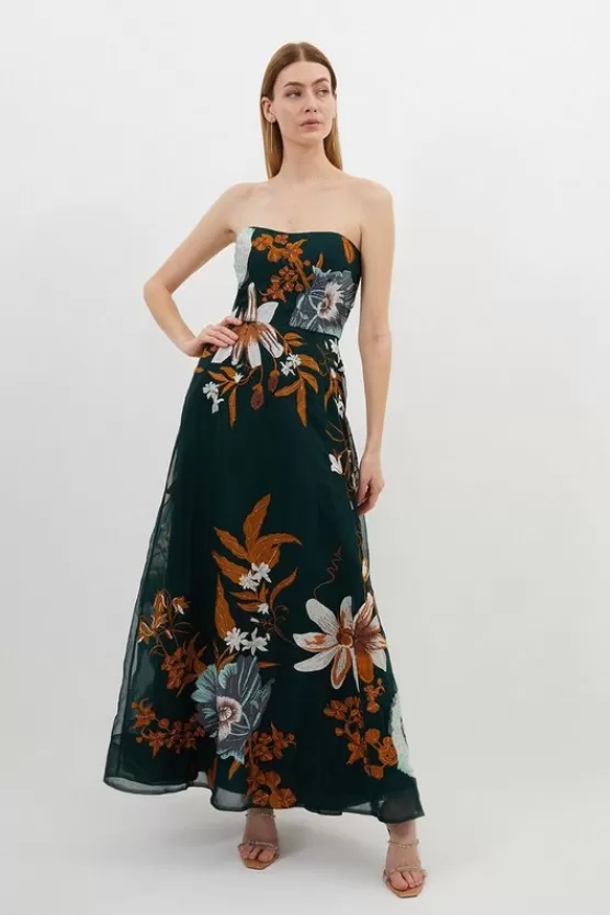 Best Sale Karen Millen Tall Premium Embroidered Bandeau Beaded Organdie Woven Maxi Dress forest