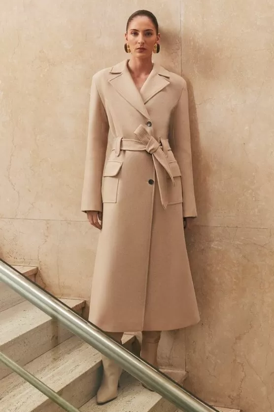 Cheap Karen Millen Tall Premium Italian Manteco Wool Belted Tailored Midaxi Coat oatmeal