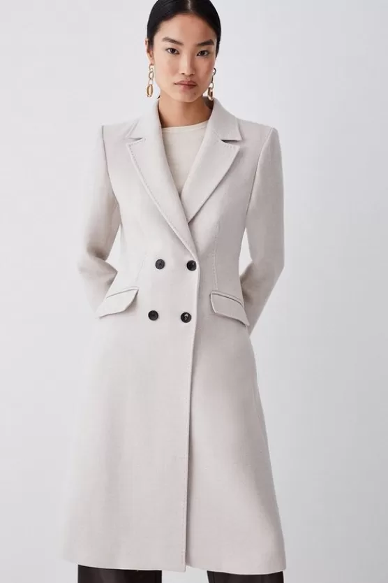Cheap Karen Millen Tall Premium Italian Manteco Wool Fitted Tailored Midi Coat oatmeal