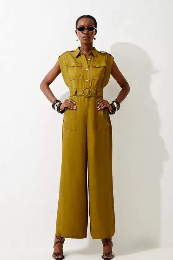 Hot Karen Millen Tall Premium Linen Topstitch Belted Jumpsuit khaki