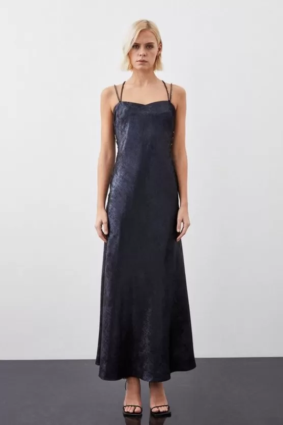 Best Sale Karen Millen Tall Premium Metallic Diamante Detail Woven Midaxi Dress navy