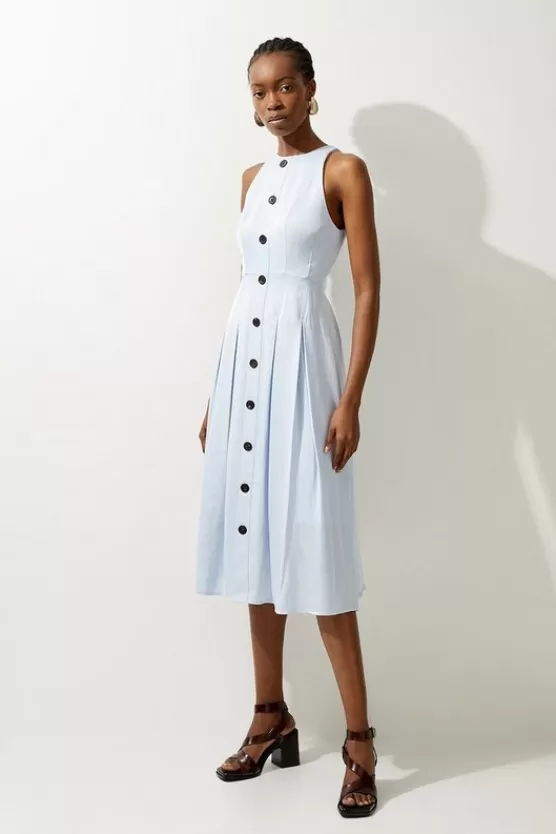 Online Karen Millen Tall Premium Tailored Linen Button Through Full Skirted Midi Dress paleblue