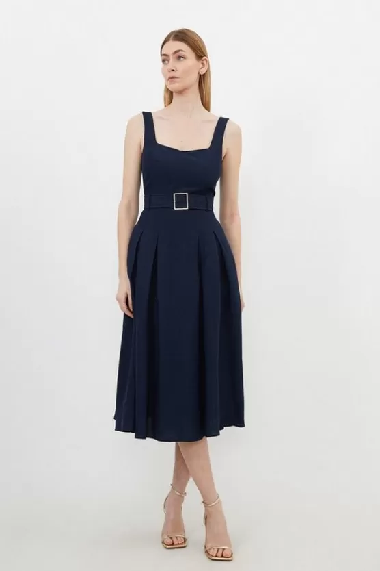 Best Karen Millen Tall Premium Tailored Linen Square Neck Belted Midi Dress navy